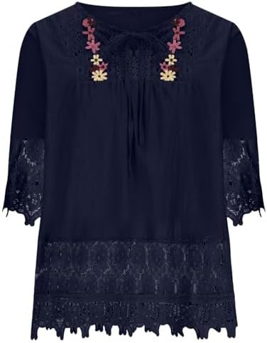 Vintage Floral Lace Shirts for Women 3/4 Sleeve V Neck Tops Casual Oversized Breathable Blouses Travel Fall Clothes